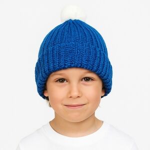 Hand Knit Child's Blue Hat With White Pompom